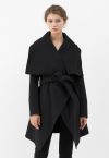 Wide Lapel Tie Belt Wrapped Wool-Blend Coat in Black