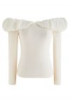 Spliced Ruched Off-Shoulder Knit Crop Top in Cream