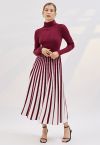 Stripe Print Turtleneck Knit Midi Dress in Burgundy