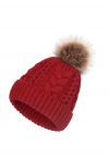 Pom-Pom Trim Braided Knit Beanie Hat in Burgundy