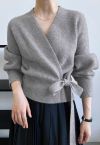 Self-Tie Bowknot Wrap Knit Top in Grey