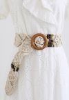 Wooden Buckle Bead Decor Woven Belt in Ivory