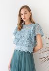 Ruffle Sleeves Full Crochet Crop Top in Dusty Blue