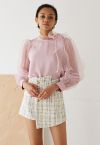 Flock Dots Organza Bubble Sleeve Bowknot Satin Shirt in Pink