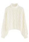 Turtleneck Braid Knit Crop Sweater in Cream