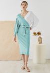 Tie Bow Two-Tone Knit Wrap Midi Dress in Teal