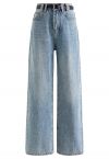 Distressed Straight-Leg Belted Jeans in Blue