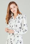 Tulip Print V-Neck Satin Shirt in White