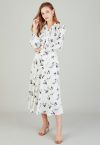 Tulip Print Satin Maxi Skirt in White