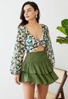 Tiered Ruffle Shirred Waist Mini Skirt in Olive