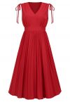 Tie-String Pleated Sleeveless Midi Dress in Red