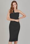 One-Shoulder Knotted Bodycon Knit Dress in Black