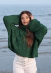 Turtleneck Braid Knit Crop Sweater in Green