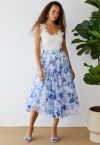 Indigo Lemon Printed Mesh Tulle Midi Skirt