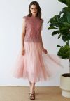 Venus Glitter Mesh Tulle Midi Skirt in Pink