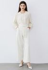 Side-Zip Belted Straight-Leg Pants in Ivory