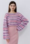 Colorful Stripe Hollow Out Knit Sweater in Pink