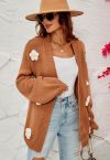 3D Stitch Flower Open Front Knit Cardigan in Tan