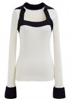 Square Neck Collared Color Block Knit Top in Cream