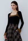 Square Neck Collared Color Block Knit Top in Black