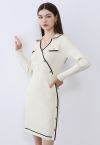 Collared Golden Button Decorated Ribbed Knit Dress in Cream