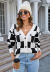 Check Pattern V-Neck Button Down Cardigan in Black