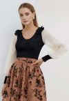 Beaded Flower V-Neck Bubble Sleeve Spliced Knit Top in Black