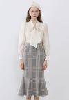 Vintage Plaid Fringed Hemline Knit Skirt in Grey