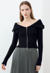 Flap Collar Zip Up Cropped Knit Top in Black