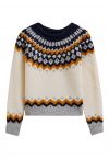 Fair Isle Style Pattern Knit Sweater in Cream