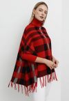 Turtleneck Plaid Tassel Hem Knit Poncho in Red