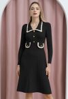 Collared Braided Edge Knit Midi Dress in Black