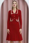 Collared Braided Edge Knit Midi Dress in Red