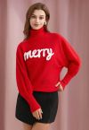 Merry Turtleneck Batwing Sleeve Knit Sweater in Red