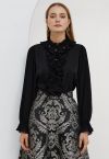 Luscious Ruffle Spliced Plisse Sleeves Top in Black