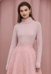 Soft Fuzzy Turtleneck Cable Knit Sweater in Pink