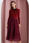 Sequin Embroidered Leaves Mesh Tulle Midi Skirt in Burgundy