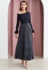 Midnight Glamour Velvet Maxi Skirt in Dusty Blue