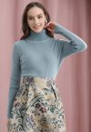 Turtleneck Ribbed Fitted Knit Top in Blue