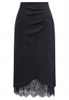 Lace Inserted Tulip Midi Skirt in Black