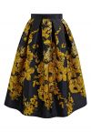 Ebullient Peony Jacquard Pleated Midi Skirt in Gold