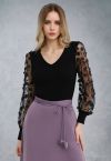 3D Floret Mesh Sleeves Spliced Knit Top in Black