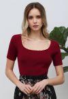 Scalloped Edge Square Neck Short Sleeve Knit Top in Burgundy