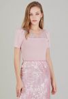 Lace Spliced Square Neckline Knit Top in Pink