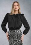 Pearly Neckline Side Bowknot Satin Top in Black