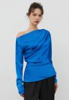 Asymmetric Ruched Satin Long Sleeve Top in Blue