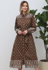 Tie-Waist Eyelet Embroidered Cotton Shirt Dress in Brown