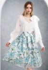 Springtime Floral Jacquard Pleated Midi Skirt in Blue