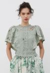 Leaves Cutwork Lace Flutter Sleeve Top in Pea Green