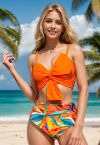 Front Knot Ruched Bikini Set in Orange Print